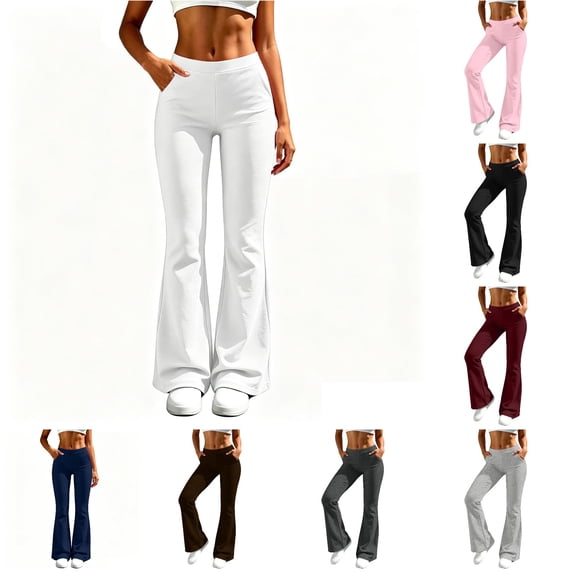 CUZIBR Womens Flare Yoga Pants With Pocket High Waist Slim Fit Workout Stretch Pants Trendy Gym Running Daily Activewear Soft Party Trousers,White,XXXL