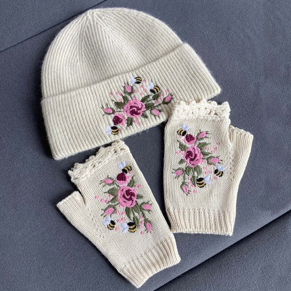 CUZIBR Womens Gloves Crochet Flower Embroidery 2 Piece Set Hat Handmade Fingerless Mittens Cozy Soft Warm Outfits Outdoor Cold Weather For Unisex