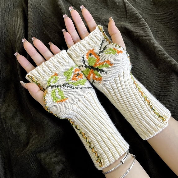 CUZIBR Womens Gloves Cute Cartton Flower Embroidery Knitted Mittens Fingerless Cozy Warm Fuzzy Lined Glove For Cycling Running Outdoor Activities