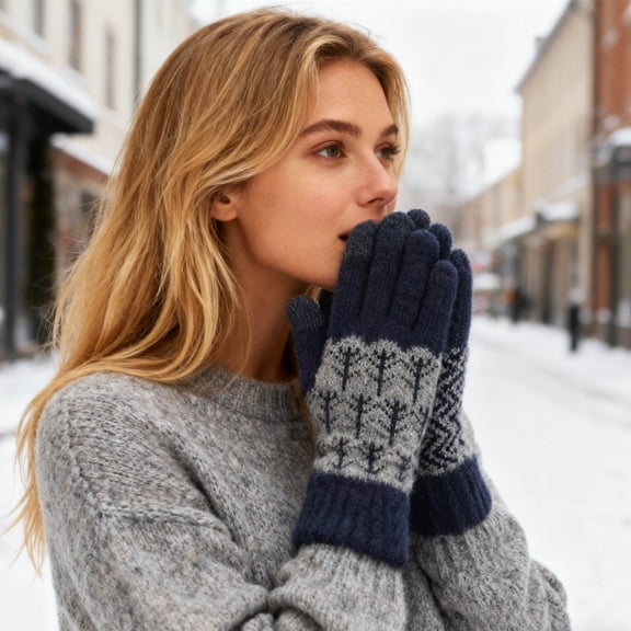 CUZIBR Womens Gloves Knitted Finger Thermal Mittens Thick Lined Warm Touchscreen Geometric Pattern Color Block Gloves Outdoor Cold Weather For Unisex