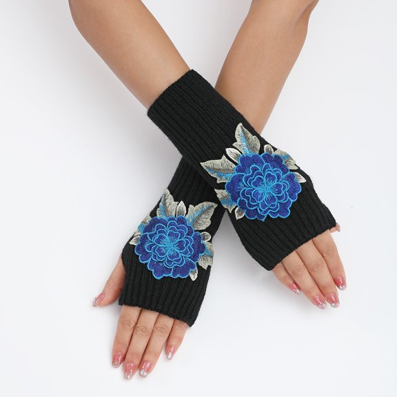 CUZIBR Womens Gloves Ladies Warm Solid Color Knit Fingerless Gloves Mittens Fashion Flowers Striped Open Fingers Outdoor Cold Weather For Unisex