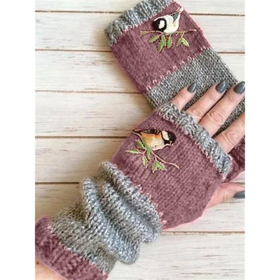 CUZIBR Womens Gloves Warm Knitted Cute Embroidery Color Block Gloves Fuzzy Lined Fingerless Mitten For Cycling Running Outdoor Activities