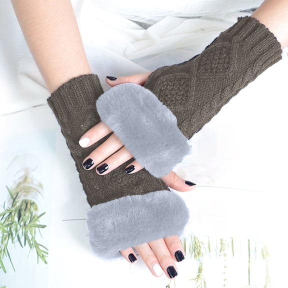 CUZIBR Womens Gloves Women'S Plush Knitted Fingerless Glove Cartton Pattern Wool Fuzzy Lined Mitten Sleeves Writing For Cycling Running Outdoor Activities