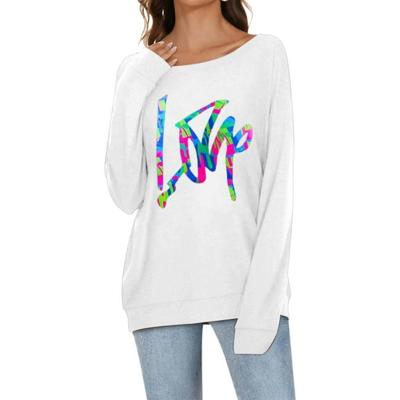 CUZIBR Womens Long Sleeve Shirt Round Neck Off Shoulder Stylish Top Letter Graphic Losse Casual Blouse Plus Size Comfort Tee Shirts Dailywear,White,S