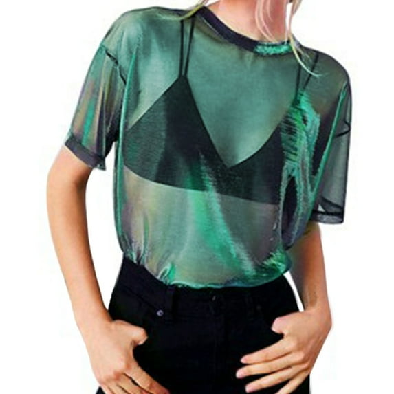 CUZIBR Womens Mesh Sheer Tops Through Blouse Solid Color Crewneck Short Sleeve Shirts Fashionable Clubwear Party Tee Streetwear,Green,L