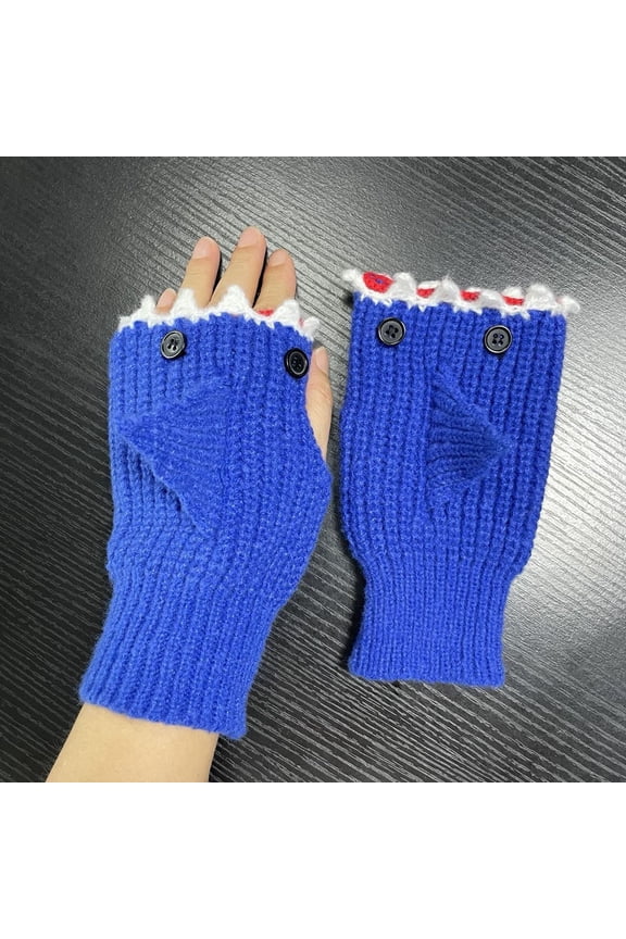 Womens Mittens Adorable Cartoon Thermal Half Finger Knitted Mittens Animal Shark Pattern Fingerless Gloves For Cold Weather