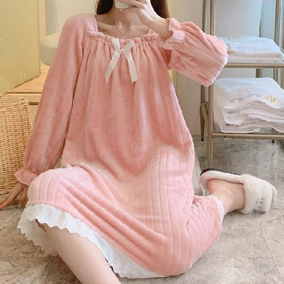 CUZIBR Womens Nightdress Fuzzy Solid Coloured Long Sleeve Flannel Thickened Ribbed Square Collar Lace Trim Warm Nightgown A-Line Homewear Soft Winter Spring Dailywear,Pink,L