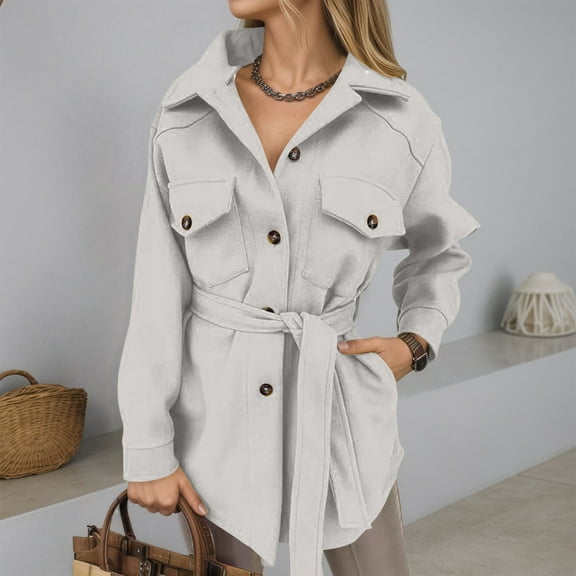 CUZIBR Womens Overcoat Button Down Long Sleeve Lapel Wool Coat With Belt Elegant Solid Color Oversized Fashion Jacket Mid Length Comfort Outwear,White,L