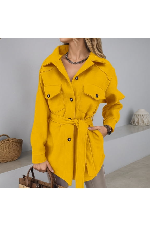 Womens Overcoat Button Down Long Sleeve Lapel Wool Coat With Belt Elegant Solid Color Oversized Fashion Jacket Mid Length Comfort Outwear,Yellow,XXL