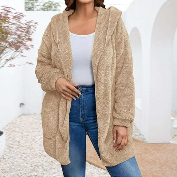 CUZIBR Womens Overcoat Soft Wool Fuzzy Hooded Jacket Long Sleeve Casual Open Front Cardigan With Pockets Lightweight Outdoor Dailywear,Beige,M