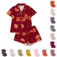thumbnail image 1 of CUZIBR Womens Pajama Sets Halloween Pumpkin Ghost Bat Spider Web Print Lapel Collar Short Sleeve Shirt Shorts 2 Pieces Sleepwear Loungewear,32-Red, 1 of 9