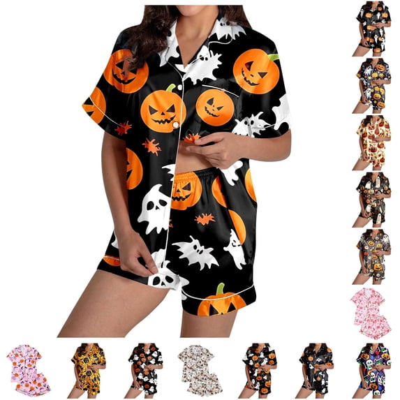 CUZIBR Womens Pajama Sets Satin Short Sleeve Button Down Top With Shorts Soft Comfortable Sleepwear Loungewear For Nightwear Holiday Party Outfit,e-Black