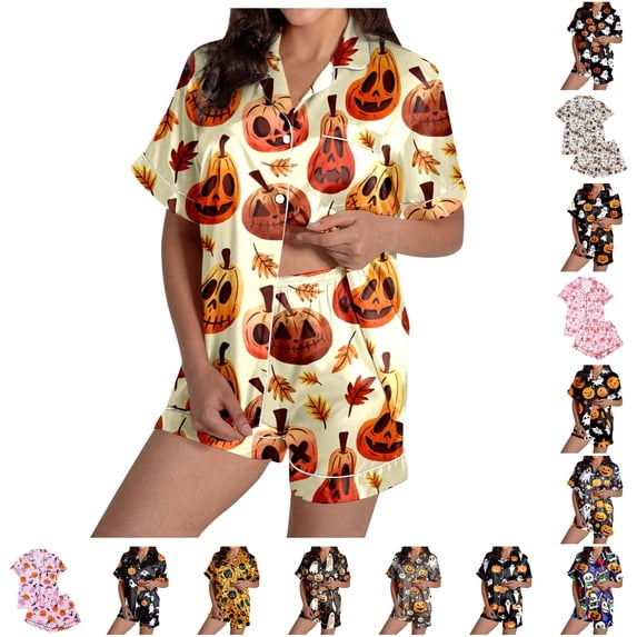 CUZIBR Womens Pajama Sets Satin Short Sleeve Button Down Top With Shorts Soft Comfortable Sleepwear Loungewear For Nightwear Holiday Party Outfit,e-Orange