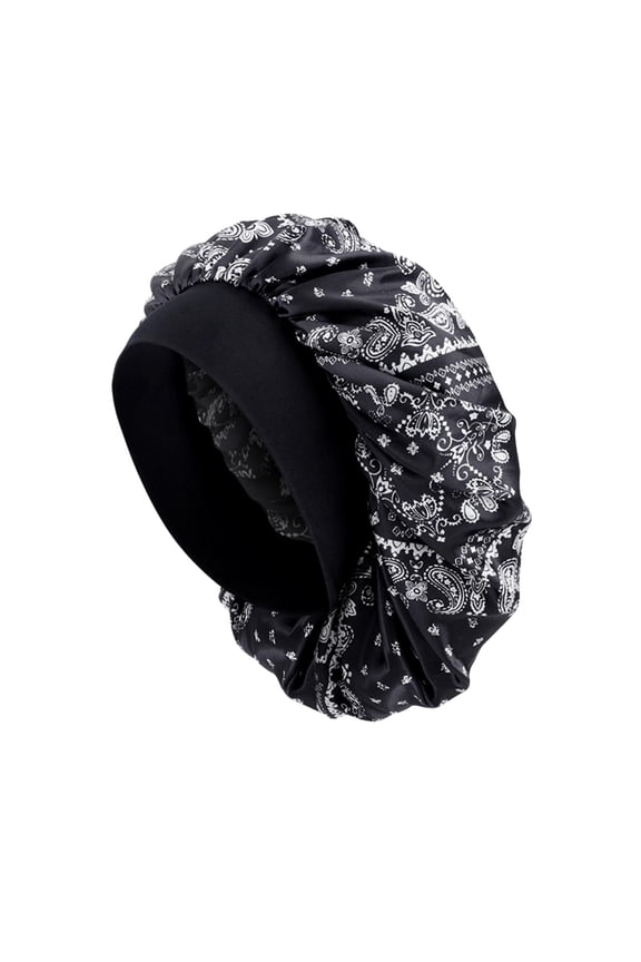 Womens Satin Bonnet Hat Fashionable Soft Floral Print Hair Sleep Skullcap Leisure Soft Hair Wrap Slouch Breathable Curly Hair Bonnet Night Caps Pleated Ruched Shower Cap,Black,One Size