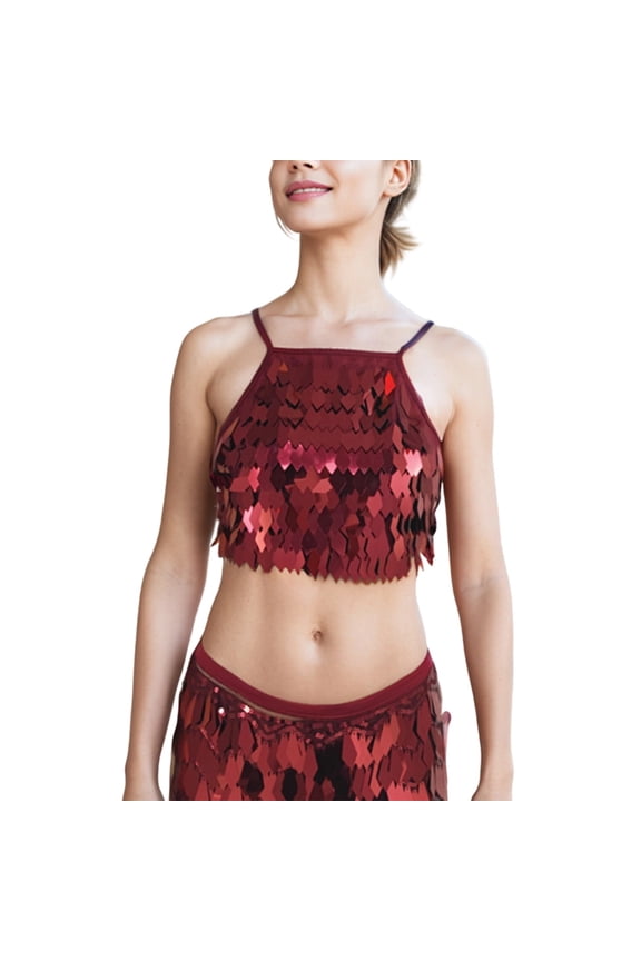 Womens Sequins Dancewear Tank Top Spaghetti Strap Solid Color Crop Top Plus Size Belly Dance Carnival Performance Club Show Stage Elegant Streetwear,Red,One Size