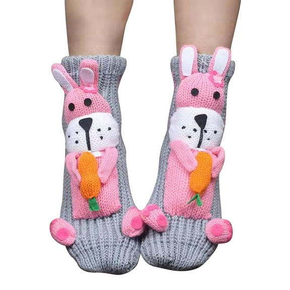 CUZIBR Womens Socks Cute Cartoon Animal Pattern Crew Socks Fuzzy Lined Cozy Slipper Socks Winter Warm Fuzzy Socks,Grey,One Size