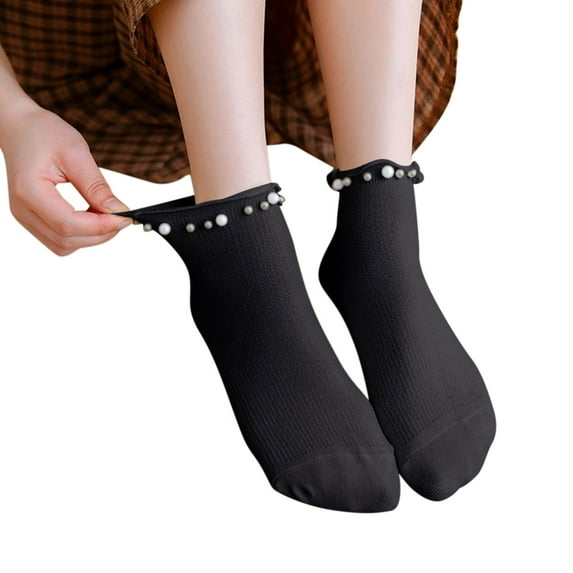 CUZIBR Womens Socks Solid Color Ruffles Pearl Thickened Warm Crew Socks Cute Thick Soft Ankle Socks Fuzzy Socks,Black,One Size