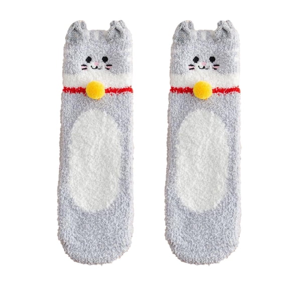 CUZIBR Womens Socks Winter Fuzzy Crew Socks Cute Cat Print Thickened Plush Warm Stockings Sleeping Homewear Fuzzy Socks,Grey,One Size