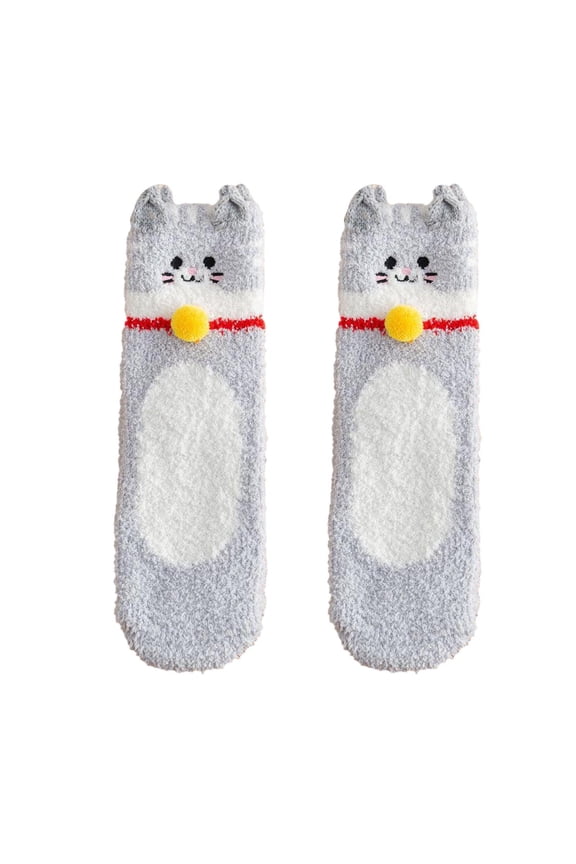 Womens Socks Winter Fuzzy Crew Socks Cute Cat Print Thickened Plush Warm Stockings Sleeping Homewear Fuzzy Socks,Grey,One Size