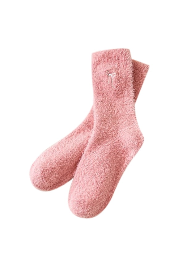 Womens Socks Winter Fuzzy Lined Crew Socks Cute Bow Embroidery Solid Warmth Plush Stockings Fuzzy Socks,Pink,One Size
