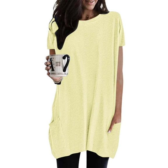 CUZIBR Womens Sublimation Shirt Oversized Casual Solid Color Short Sleeve Loose Pullover Crewneck Shirts Long Tunic Tops Blouse With Pocket,Light Yellow,M