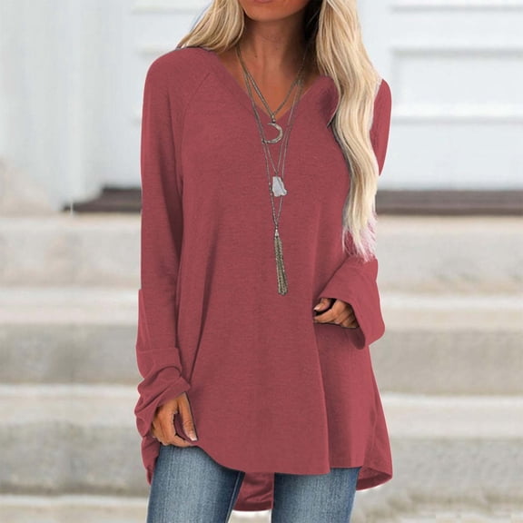 CUZIBR Womens Sublimation Shirts Long Sleeve V-Neck Solid Color Fashion Pullover Tops Casual Irregular Sweatshirt Loose Relaxed Stylish Basic Blouse,Watermelon Red,S