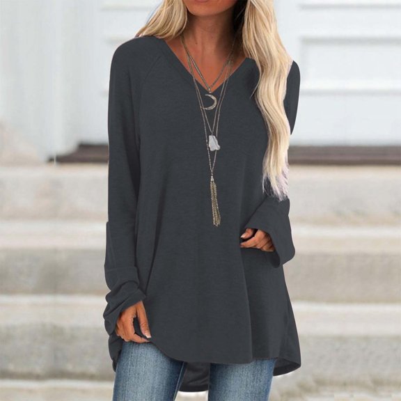 CUZIBR Womens Sublimation Shirts Long Sleeve V-Neck Solid Color Fashion Pullover Tops Casual Irregular Sweatshirt Loose Relaxed Stylish Basic Blouse,Dark Gray,M