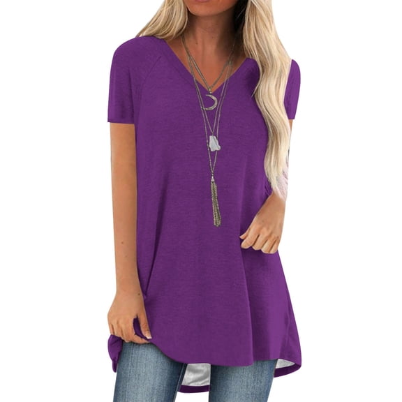 CUZIBR Womens Sublimation Shirts Short Sleeve V-Neck Solid Color Fashion Pullover Tops Casual Irregular Sweatshirt Loose Relaxed Stylish Basic Blouse,Purple,M