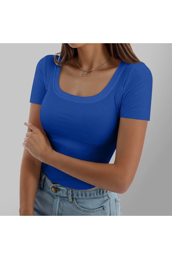 Womens Summer Shirts Ribbed Scoop Neck Short Sleeve Tops Slim Fitted Solid Color Crop Top Casual Breathable Tee Cute Classic Basic Cozy Tees Business Casual Outfits,Blue,Xxl