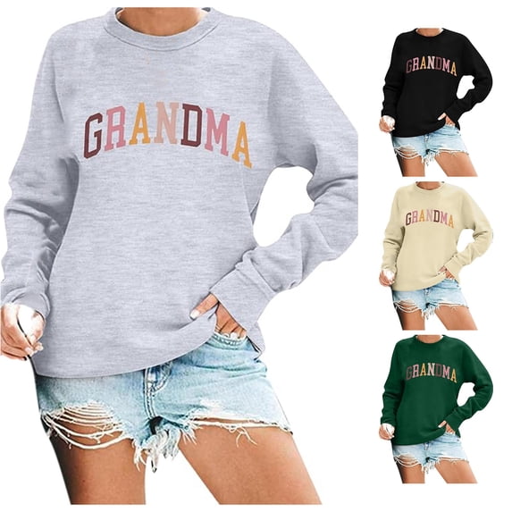 CUZIBR Womens Sweatshirt Colorful Letter Print Crewneck Sweatshirt Long Sleeve Vintage Pullover Casual Graphic Tops Fall Winter Basic Clothes,Grey