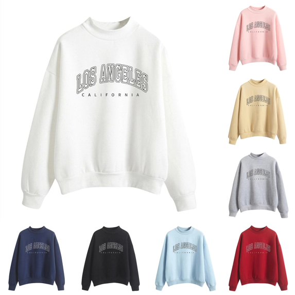 CUZIBR Womens Sweatshirt Letter Print Graphic Long Sleeve Loose Mockneck Sweatshirts Retro Pullover Top Fall Winter Clothes,White