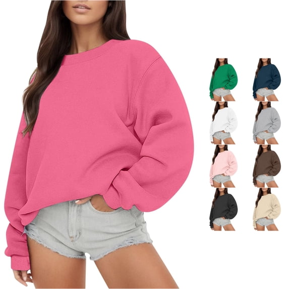 CUZIBR Womens Sweatshirt Solid Color Crew Neck Long Sleeve Casual Crewneck Loose Fit Pullover Fall Tops Basic Layering Winter Clothes,Hot Pink