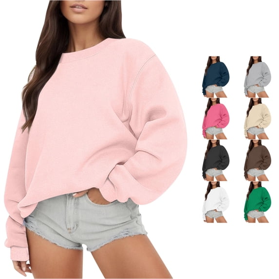 CUZIBR Womens Sweatshirt Solid Color Crew Neck Long Sleeve Casual Crewneck Loose Fit Pullover Fall Tops Basic Layering Winter Clothes,Pink