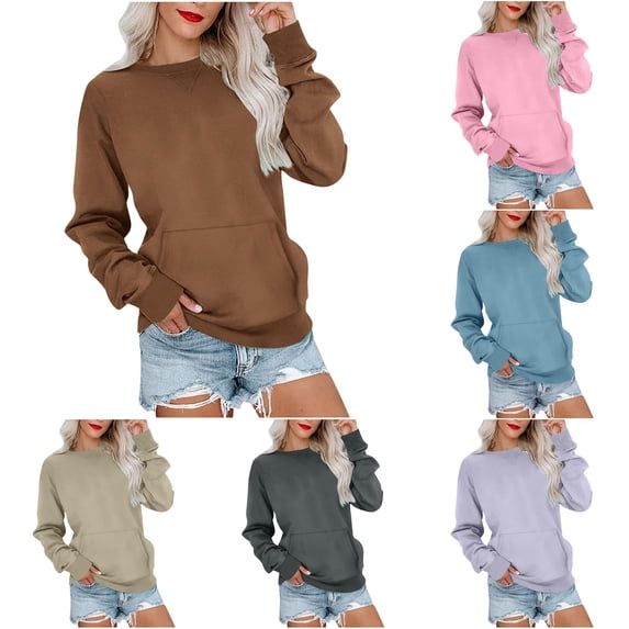 CUZIBR Womens Sweatshirt Solid Color Crew Neck Long Sleeve Front Pocket Pullover Top Casual Drop Shoulder Lightweight Fall Winter Clothes,Brown