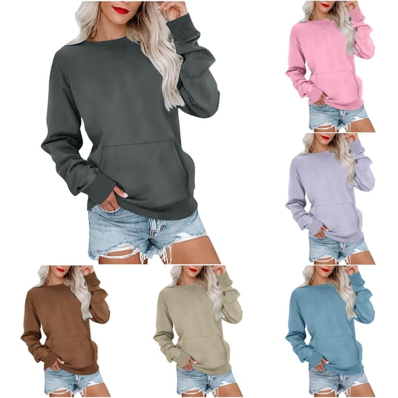 CUZIBR Womens Sweatshirt Solid Color Crew Neck Long Sleeve Front Pocket Pullover Top Casual Drop Shoulder Lightweight Fall Winter Clothes,Dark Gray