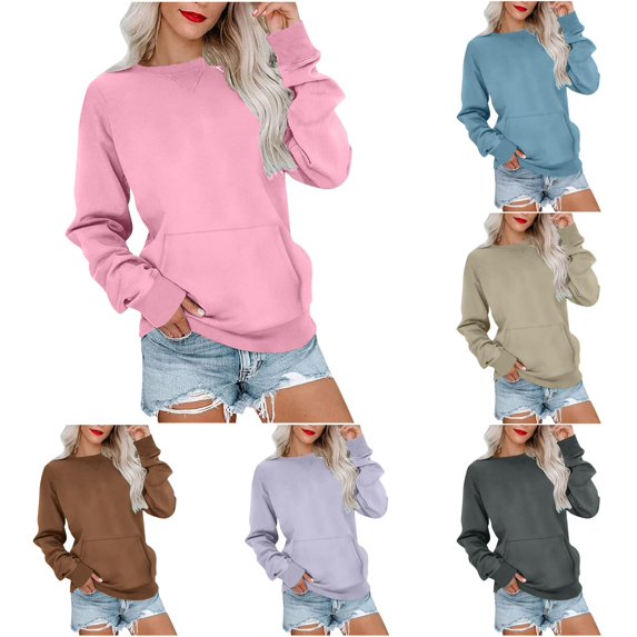 CUZIBR Womens Sweatshirt Solid Color Crew Neck Long Sleeve Front Pocket Pullover Top Casual Drop Shoulder Lightweight Fall Winter Clothes,Pink