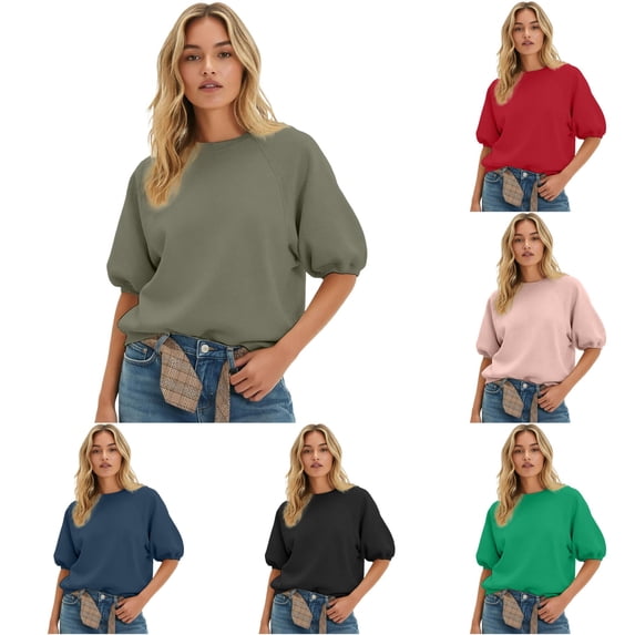 CUZIBR Womens Sweatshirt Solid Color Elegant Raglan Puff Short Sleeve Crewneck Sweatshirt Loose Casual Pullover Blouse Tops Basic Fall Winter Clothes,Light Green