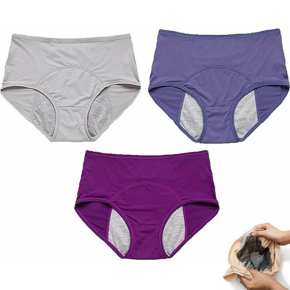 CUZIBR Womens Underwear Solid Mesh Breathable Comfortable High Waist Peripheral Leak Proof Menstrual Panties Summer Fashionable Full Coverage All-Day Soft Briefs 3-Pack,Purple,XXL