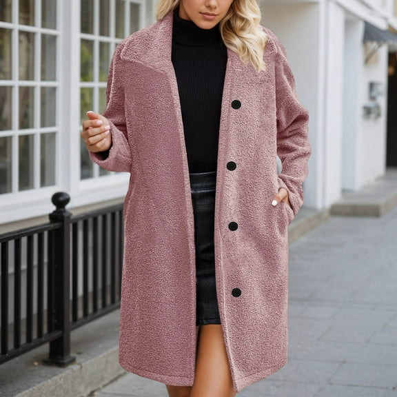 CUZIBR Womens Winter Trench Coat Long Sleeve Double Breasted Plus Size Wool Coat For Autumn Winter Warm Windbreaker Full Length Comfortable Jacket With Pocket,Pink,M