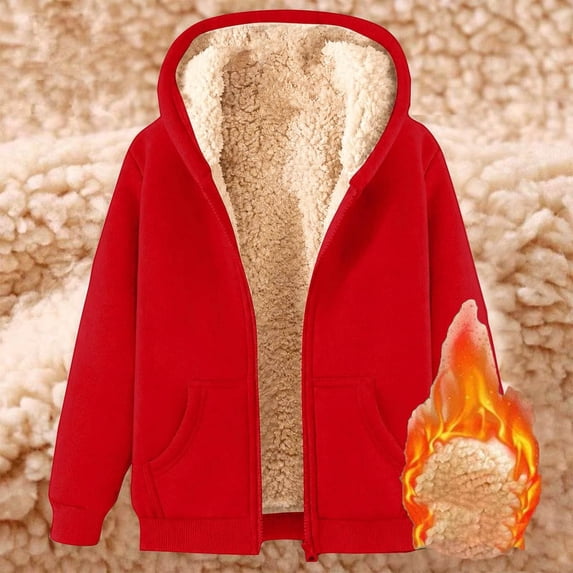 CUZIBR Womens Zip Up Hoodies Oversized Fuzzy Thick Lined Hooded Sweatshirt With Pocket Long Sleeve Cozy Outdoor Pullover,Red,M