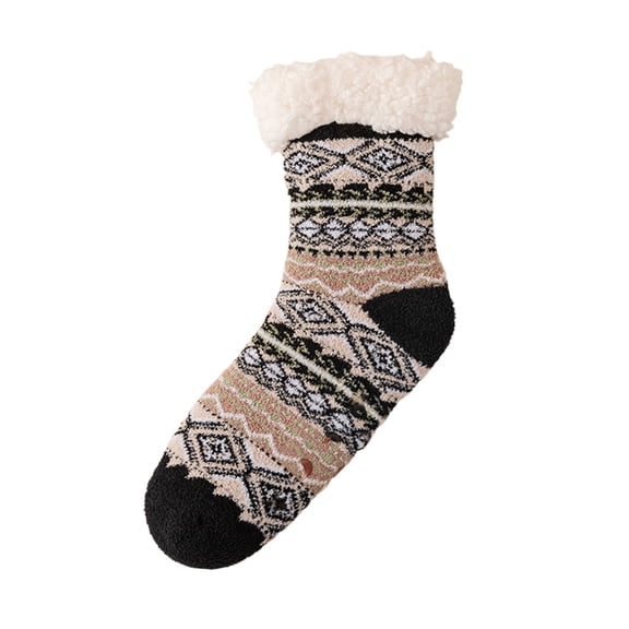 CUZIBR Wool Socks Thick Fuzzy Lined Cute Pattern Striped Print Crew Socks Grip Cozy Comfort Plush Winter Warmth Slipper Socks Casual Breathable Socks,Black,One Size