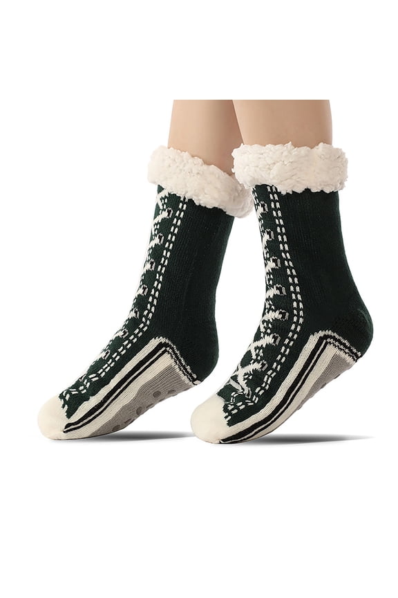 Wool Socks For Women Winter Fuzzy Thick Funny Graphic Thermal Grips Socks Ankle Boot Slipper Non Slip Lined Knitted Warm Soft Breathable Lightweight Footwear,Green,One Size