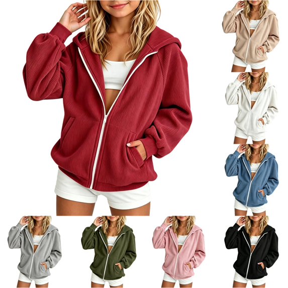 CUZIBR Youth Girls Ribbed Knit Full Zip Hoodie Oversized Loose Long Sleeve Jacket With Pockets Soft Lightweight Casual Fall Outdoor Outerwear For Young Comfy Coats,Red,7-9 Years