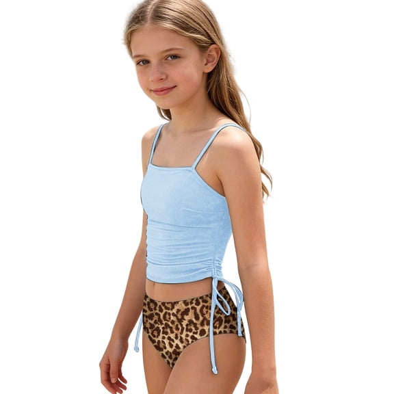 CUZIBR Youth Girls Tankini Sets Swimsuit Strappy Backless Square Collar Tie Side Ruched Tank Tops Leopard Print Low Waist Bottoms Two Piece Swimwear Beachwear Bathing Suit,Sky Blue,17-18 Years