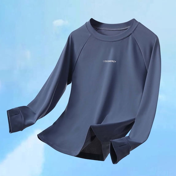 CUZIBR Youth Kids Girls Shirts Summer Soft Breathable Rash Guard Long Sleeve Solid Color Round Neck Athletic Tshirts Breathable Uv Sun Protection Lightweight Swim Shirts Tops,Navy,11-13 Years