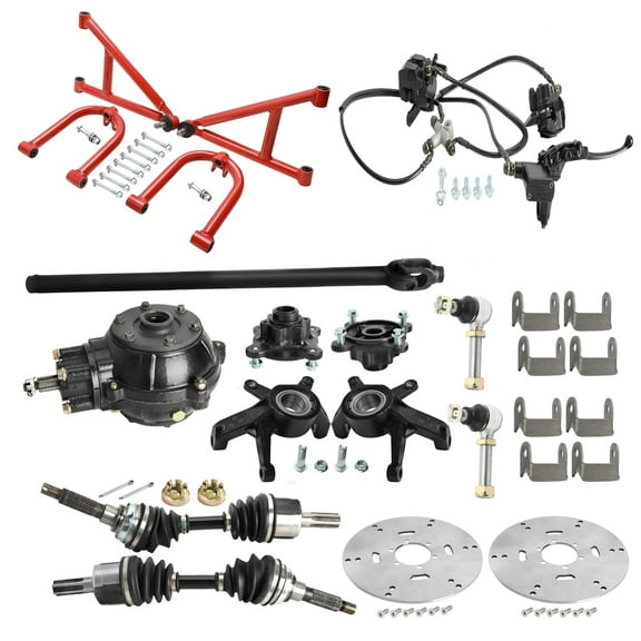 CV Axle Shaft Assembly & Drive Shaft Differential & Front Suspension Shock Swing Arm Swingarm Kit& Steering Spindle Wheel Hubs & Brake for 4WD Front Drive ATV UTV Quad Go Kart Golf Cart
