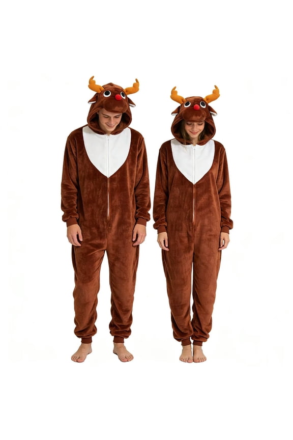 Adult Reindeer Unisex Christmas Costume Onesie Pajamas-Plush One Piece Cosplay Suit for Women and Men