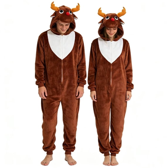 CVBCOS Adult Reindeer Unisex Christmas Costume Onesie Pajamas-Plush One Piece Cosplay Suit for Women and Men