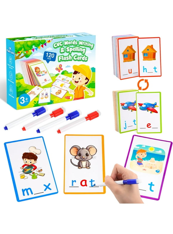 CVC Word Flash Cards for Kids 3-6 Years Old,Learning Toys for Toddlers 3 4 5 Year Old,, Word Games Short Vowel Spelling, CVC Sight Words Handwriting Cards Kindergarten Toys Gifts for Toddlers