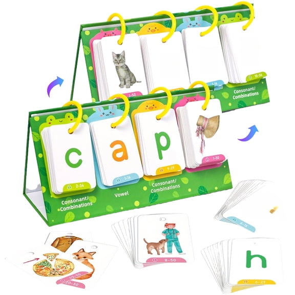 CVC Word Flip Chart Phonics Flash Cards Sight Words Learning Pocket Chart for Kids Interactive Alphabet Spelling Tool with Picture Cards for Preschool Kindergarten Homeschool Education,Green